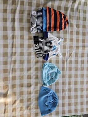 Bundle of 8 Baby Beanies - Blue, Orange, White, Black Stripes